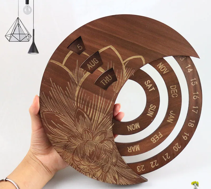Round wooden perpetual wall calendar in basswood with polished finish, available in multiple colours