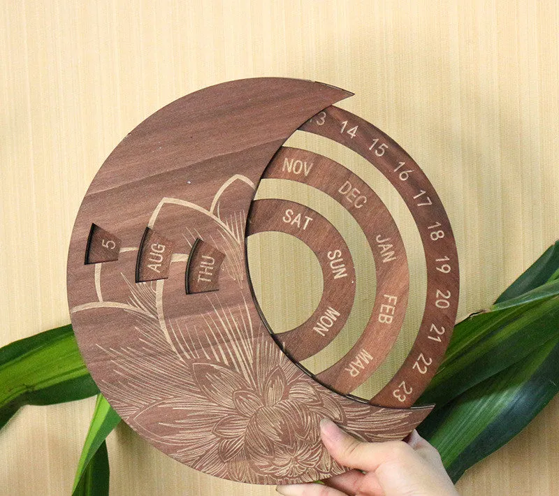 Round wooden perpetual wall calendar in basswood with polished finish, available in multiple colours