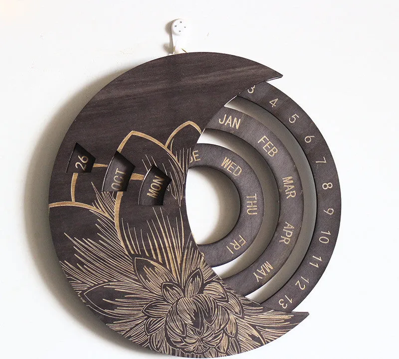 Round wooden perpetual wall calendar in basswood with polished finish, available in multiple colours