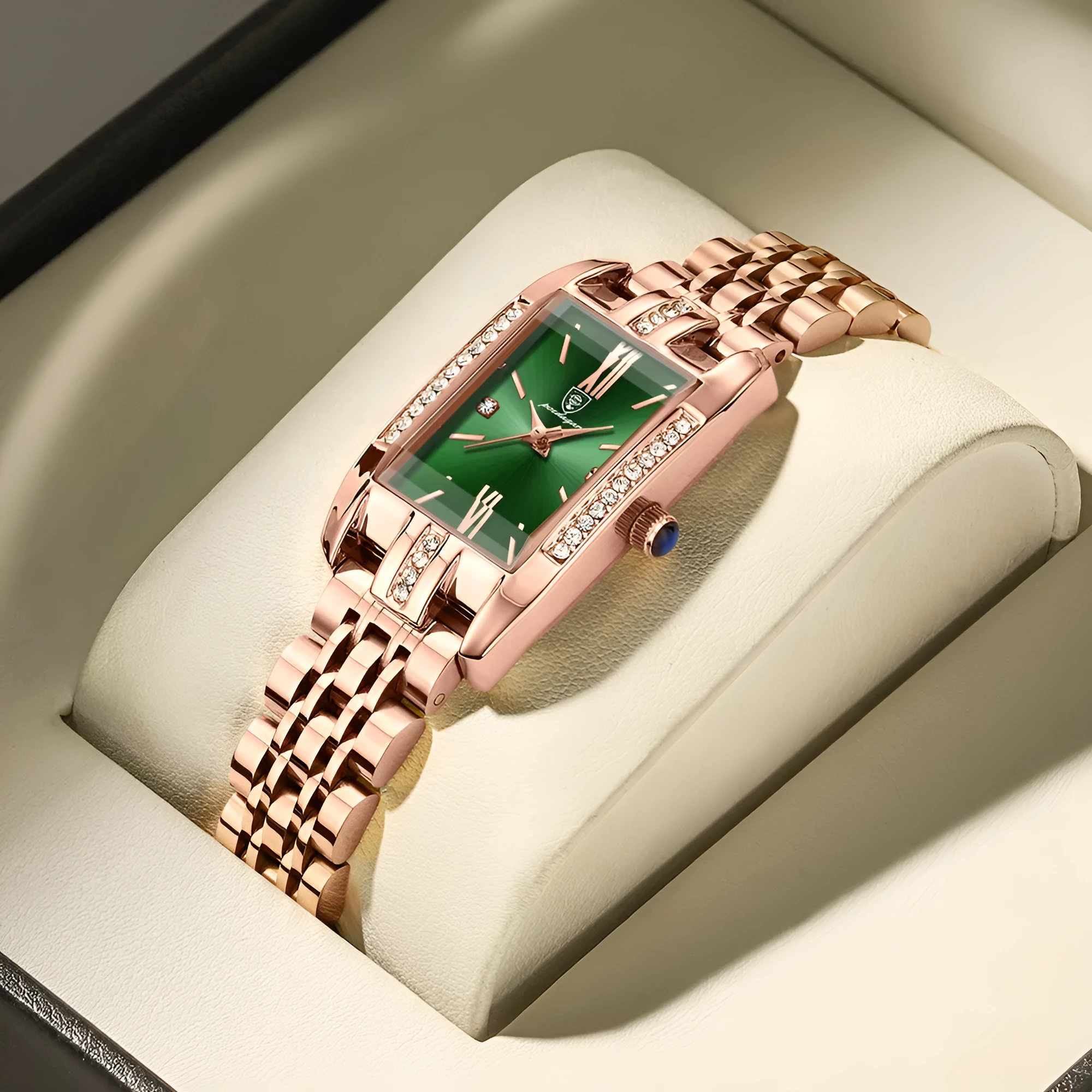 Ladies waterproof quartz watch with rectangle 30mm dial, stainless steel band, mineral glass mirror, and butterfly buckle