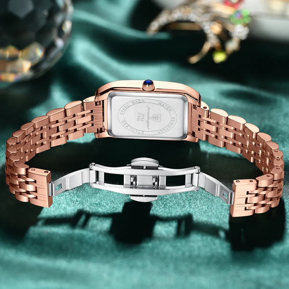 Ladies waterproof quartz watch with rectangle 30mm dial, stainless steel band, mineral glass mirror, and butterfly buckle