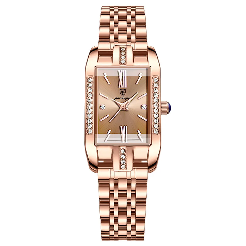 Ladies waterproof quartz watch with rectangle 30mm dial, stainless steel band, mineral glass mirror, and butterfly buckle