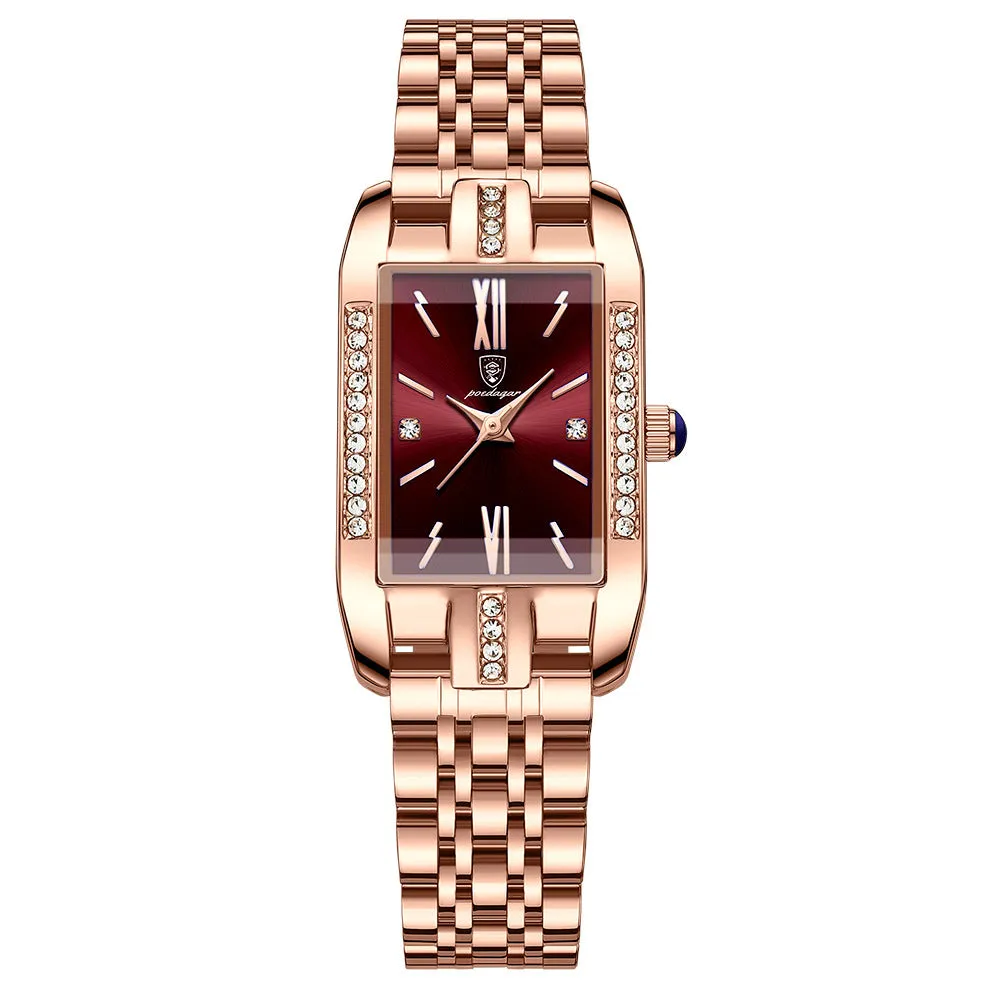 Ladies waterproof quartz watch with rectangle 30mm dial, stainless steel band, mineral glass mirror, and butterfly buckle