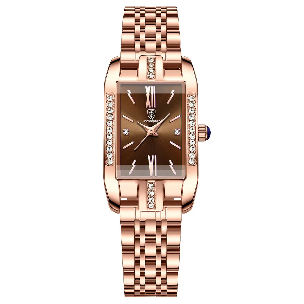 Ladies waterproof quartz watch with rectangle 30mm dial, stainless steel band, mineral glass mirror, and butterfly buckle