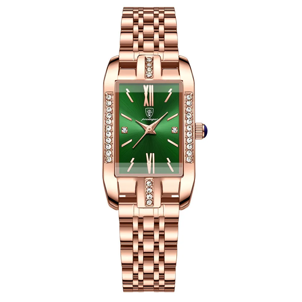 Ladies waterproof quartz watch with rectangle 30mm dial, stainless steel band, mineral glass mirror, and butterfly buckle