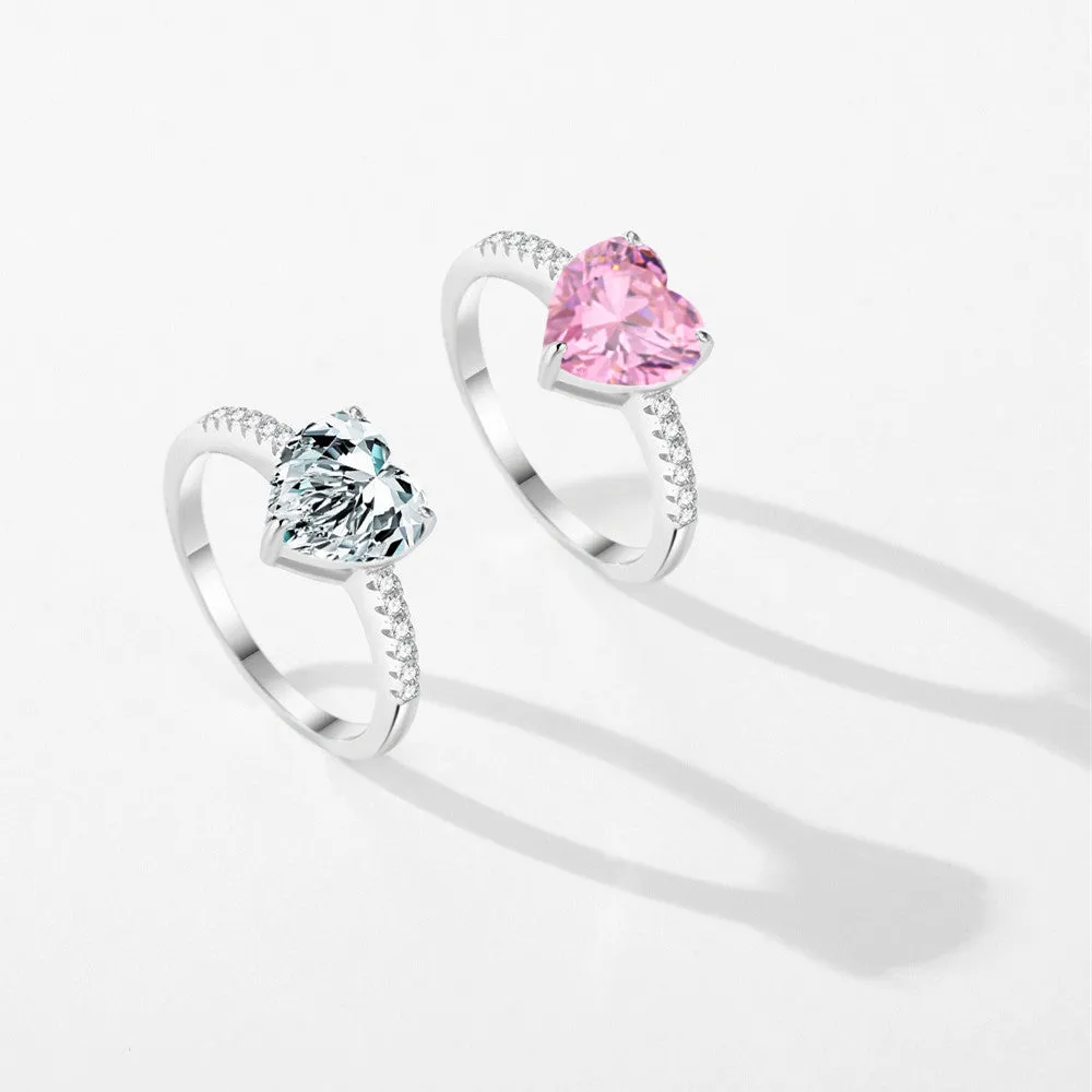 Women's sterling silver love ring with heart-shaped zircon mosaic, pink colour, US size 7