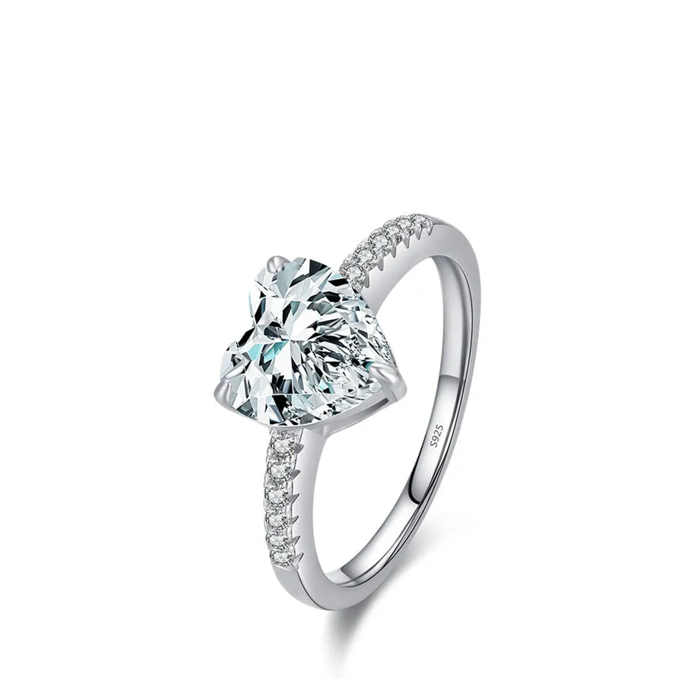 Women's sterling silver love ring with heart-shaped zircon mosaic, pink colour, US size 7