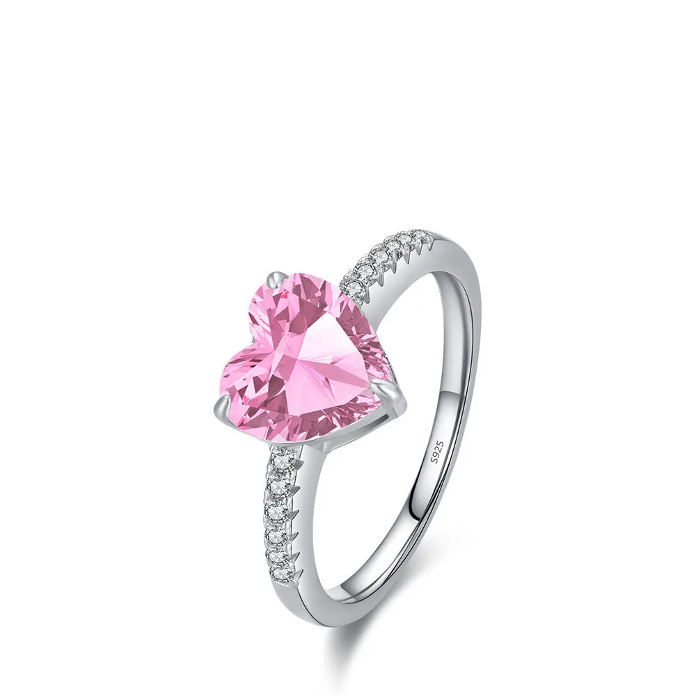 Women's sterling silver love ring with heart-shaped zircon mosaic, pink colour, US size 7