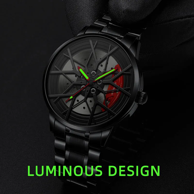 Waterproof men's luminous wheel watch with 43mm dial and black strap on wrist