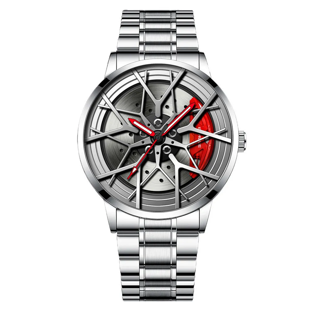Waterproof men's luminous wheel watch with 43mm dial and black strap on wrist