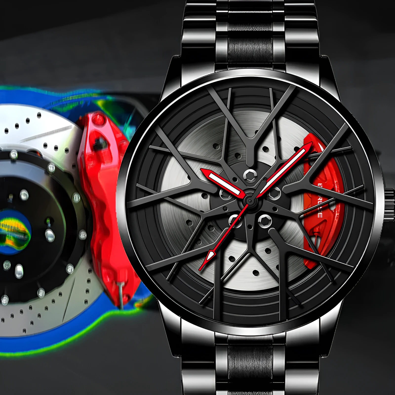 Waterproof men's luminous wheel watch with 43mm dial and black strap on wrist