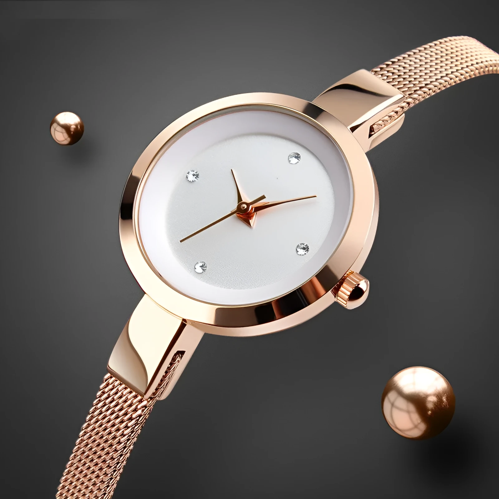 Korean women's slim watch with round dial and stainless steel buckle in rose gold colour