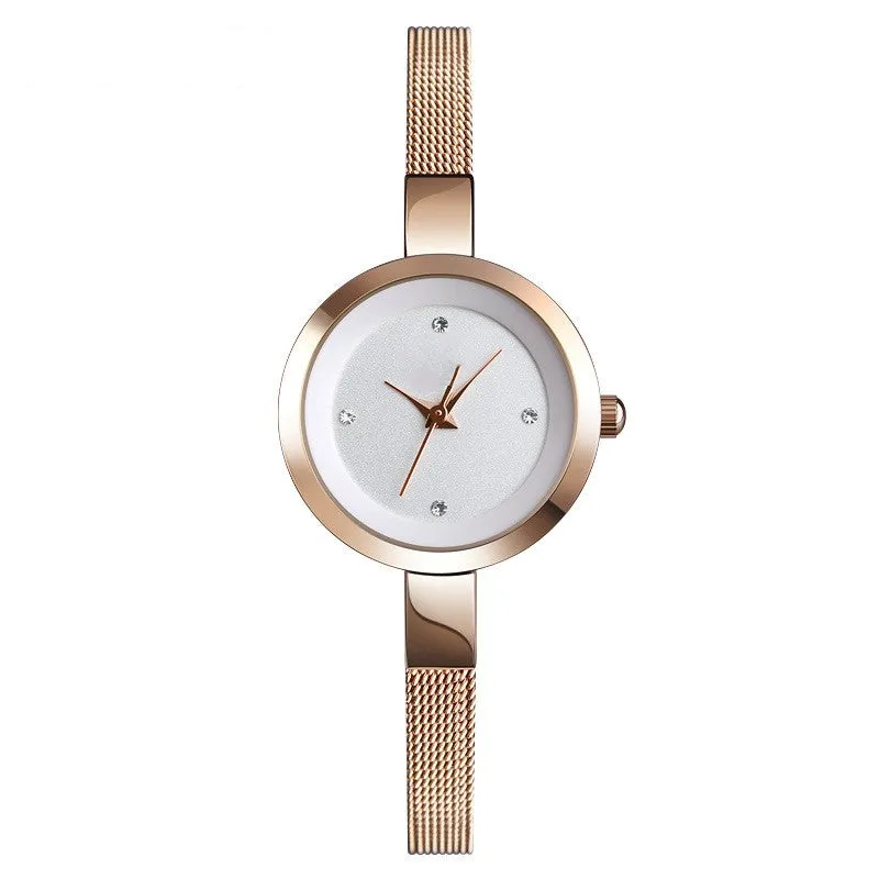 Korean women's slim watch with round dial and stainless steel buckle in rose gold colour
