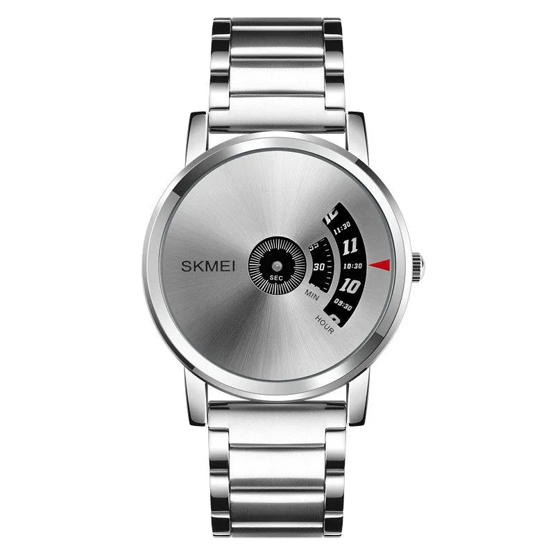 Creative business men's quartz watch with 39mm silver dial, stainless steel back, and alloy case on a steel belt