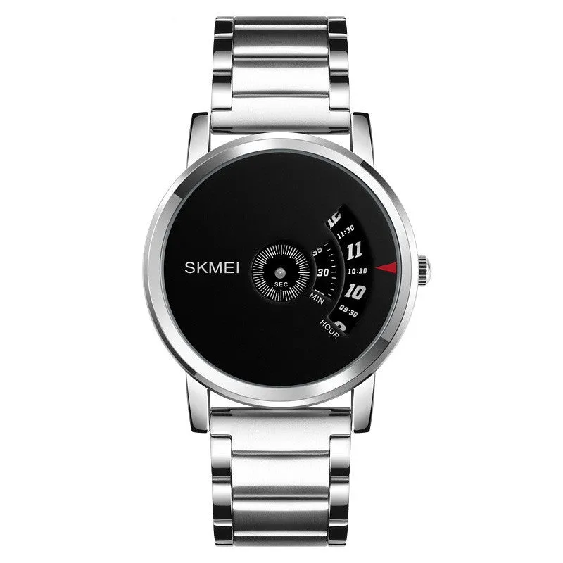 Creative business men's quartz watch with 39mm silver dial, stainless steel back, and alloy case on a steel belt