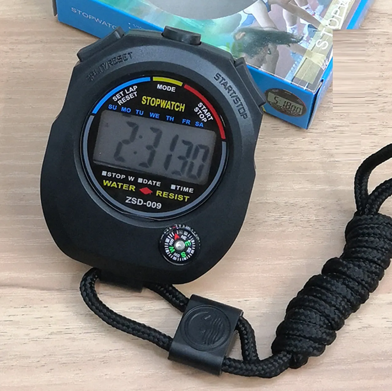 Two black multi-functional outdoor fitness stopwatch with display, 83x65x23mm ABS plastic timer for running and ball sports