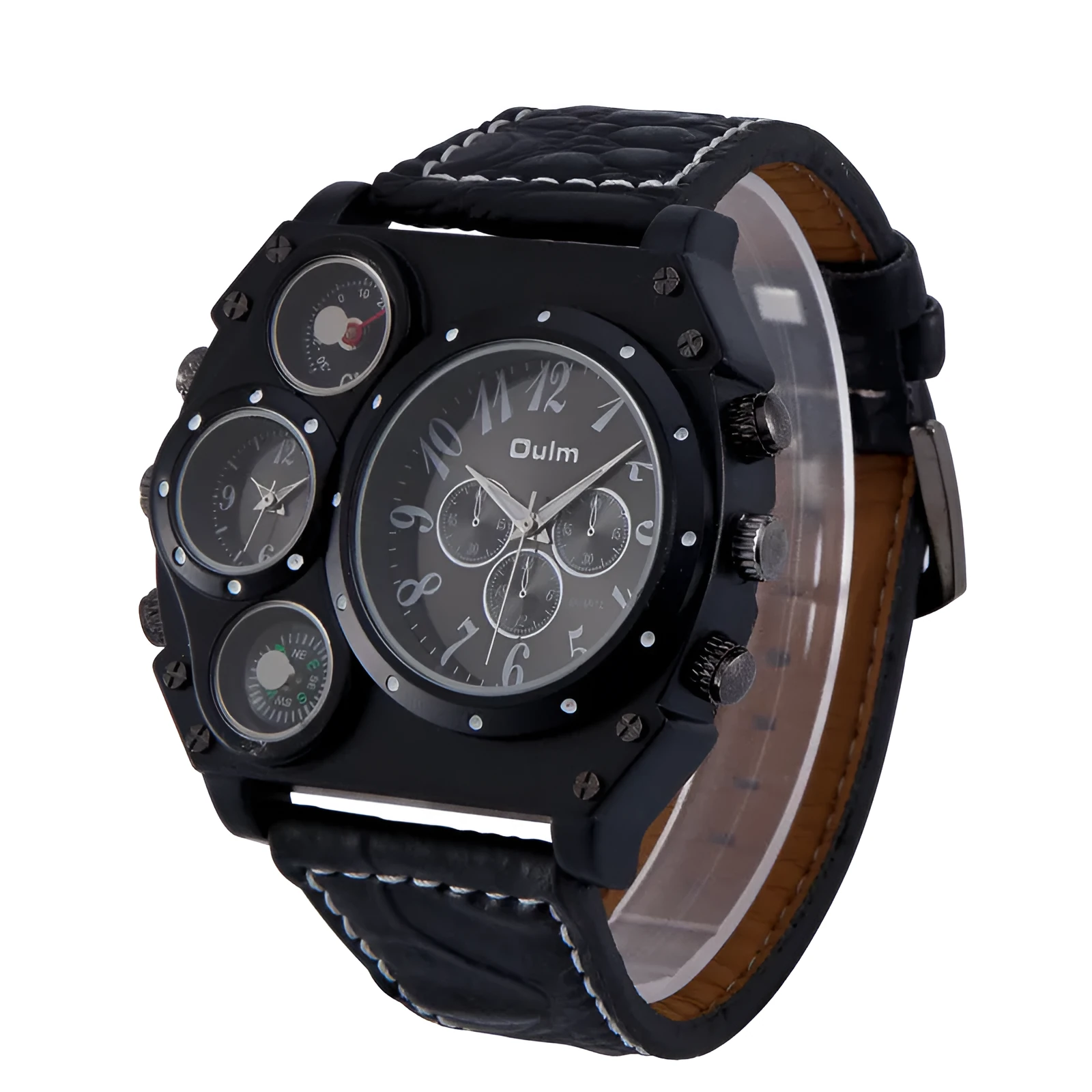 Two Places Travel Time Watch casual mens with brown/black dial, luminous hands, PU strap