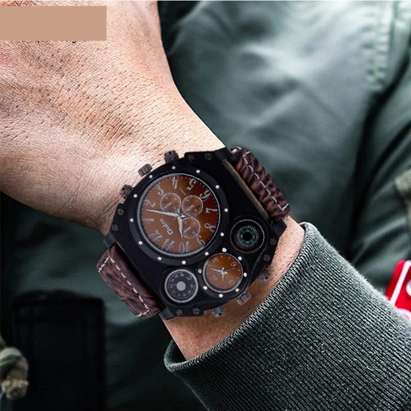 Two Places Travel Time Watch casual mens with brown/black dial, luminous hands, PU strap
