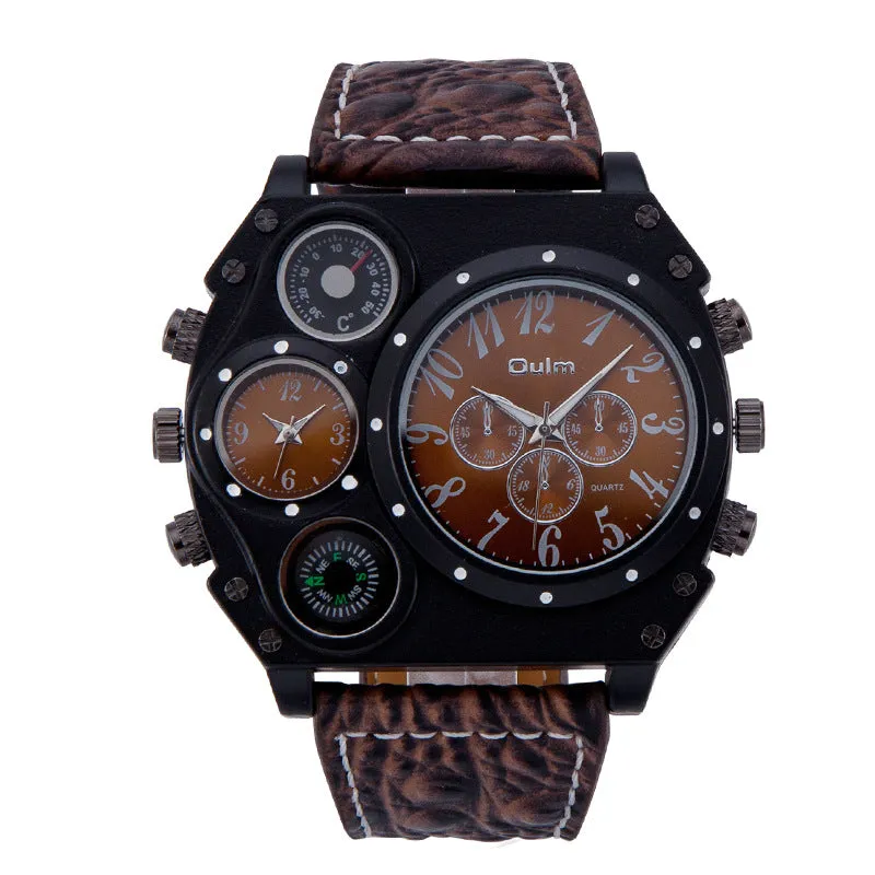 Two Places Travel Time Watch casual mens with brown/black dial, luminous hands, PU strap