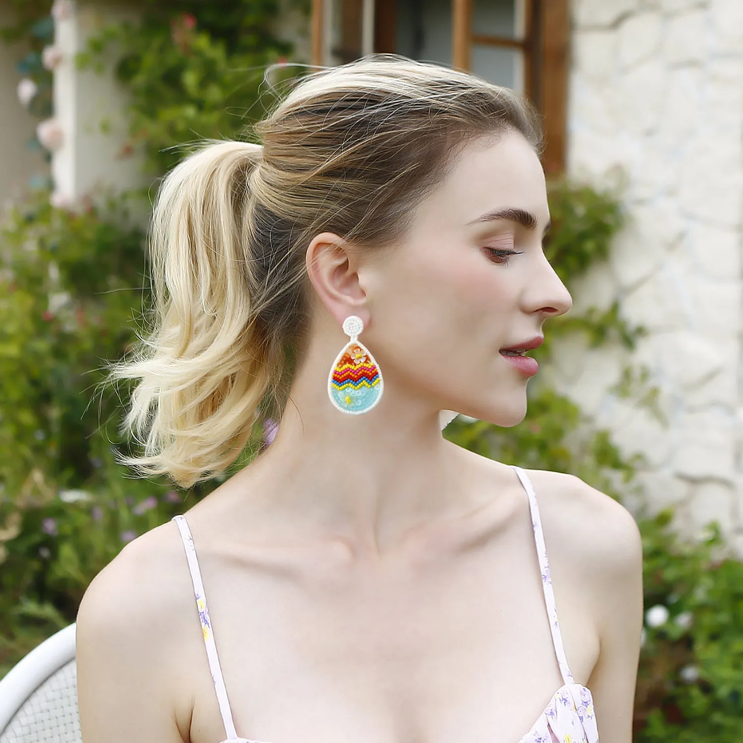 Hand-woven beaded drop earrings in geometric Easter egg shape, colour E69066, 6.7cm by 3.7cm