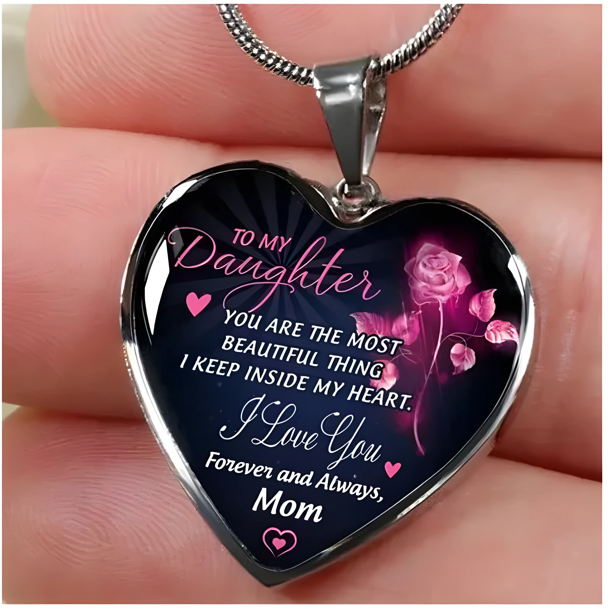 Mother and daughter heart pendant necklace in alloy with electroplated finish, 3x3cm pendant, adjustable chain