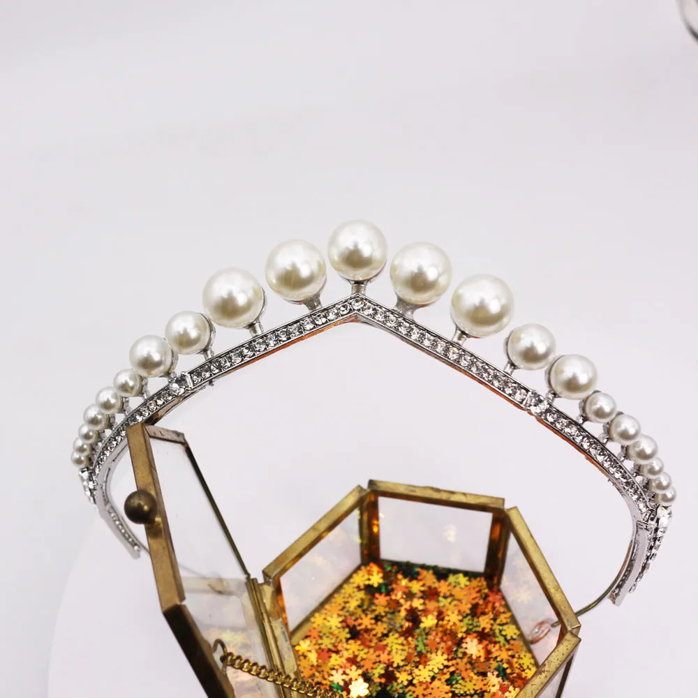 Silver alloy wedding crown with pearl decoration, 13 cm diameter, 3 cm height