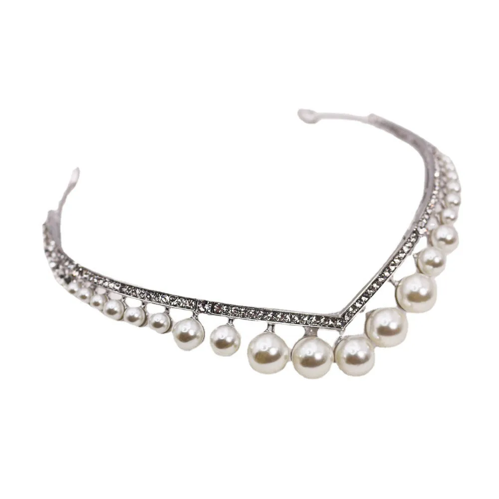 Silver alloy wedding crown with pearl decoration, 13 cm diameter, 3 cm height