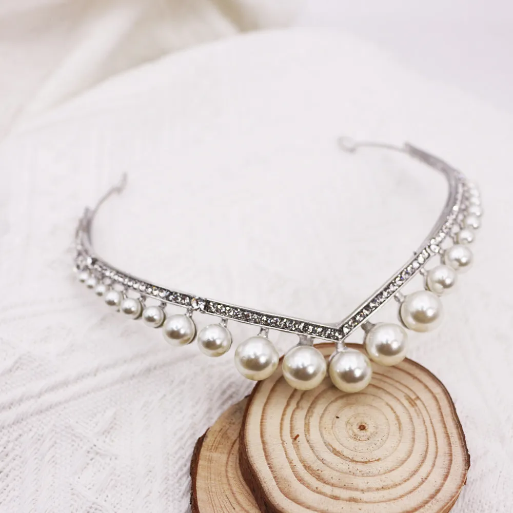 Silver alloy wedding crown with pearl decoration, 13 cm diameter, 3 cm height