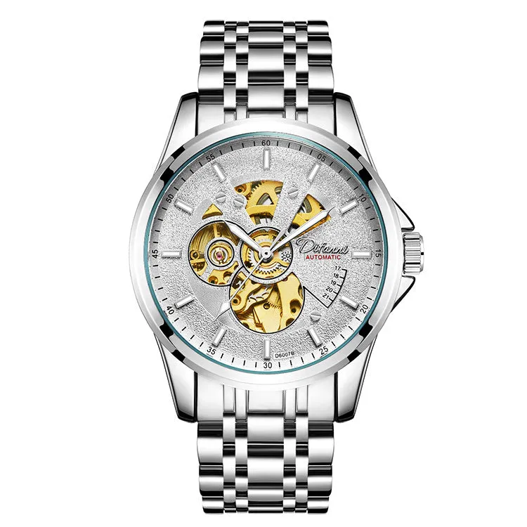 Mechanical automatic watch with 42mm stainless steel case, black dial, mineral glass, and steel bracelet on light background