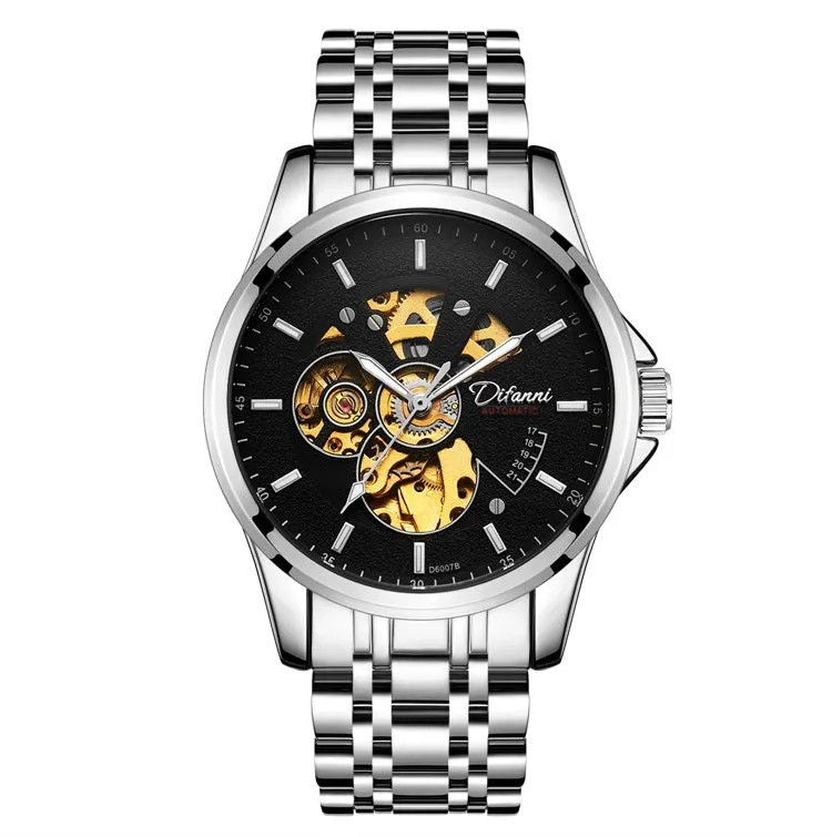Mechanical automatic watch with 42mm stainless steel case, black dial, mineral glass, and steel bracelet on light background