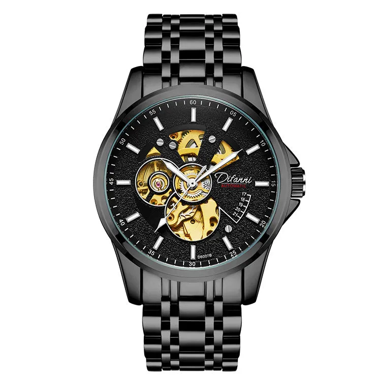 Mechanical automatic watch with 42mm stainless steel case, black dial, mineral glass, and steel bracelet on light background