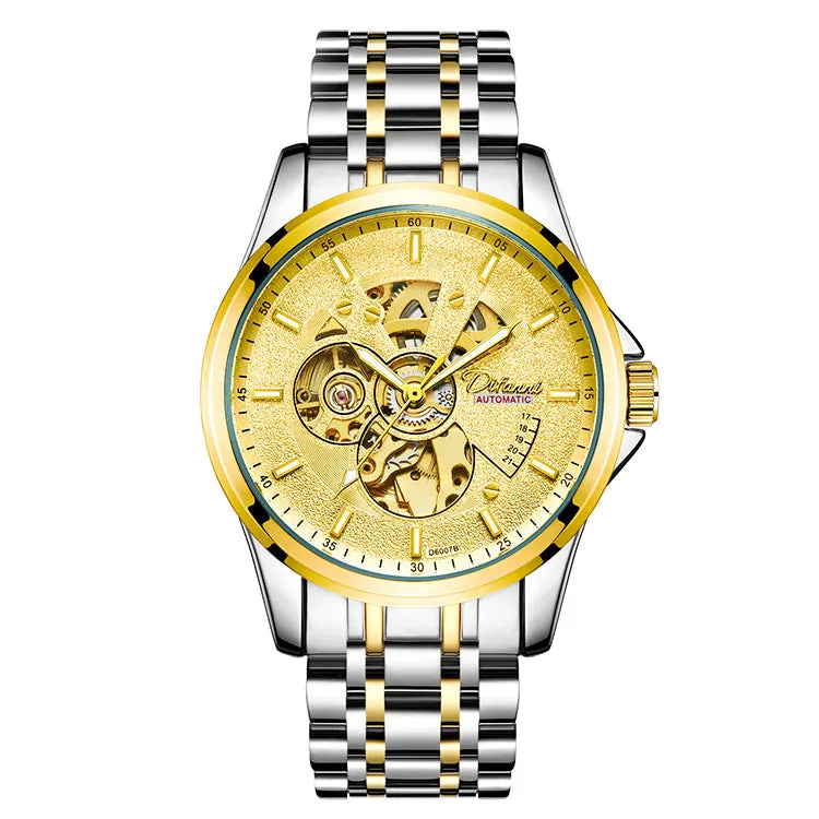 Mechanical automatic watch with 42mm stainless steel case, black dial, mineral glass, and steel bracelet on light background