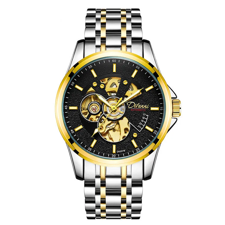 Mechanical automatic watch with 42mm stainless steel case, black dial, mineral glass, and steel bracelet on light background