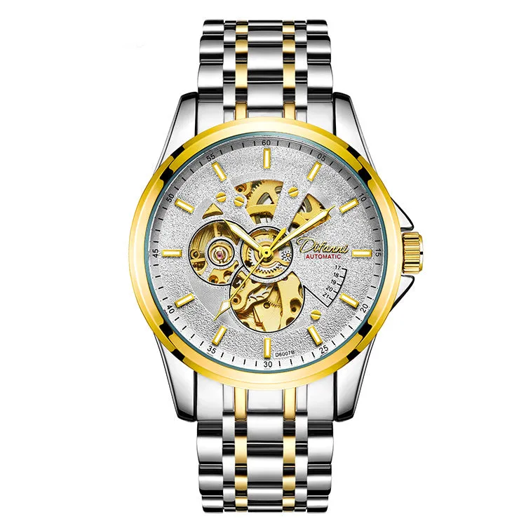 Mechanical automatic watch with 42mm stainless steel case, black dial, mineral glass, and steel bracelet on light background