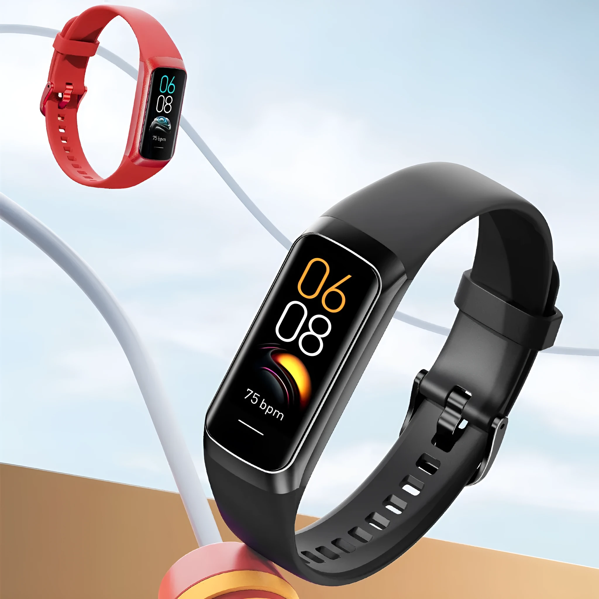 C60 smart watch with 1.1-inch MOLED display showing health data on wrist with black TPU band