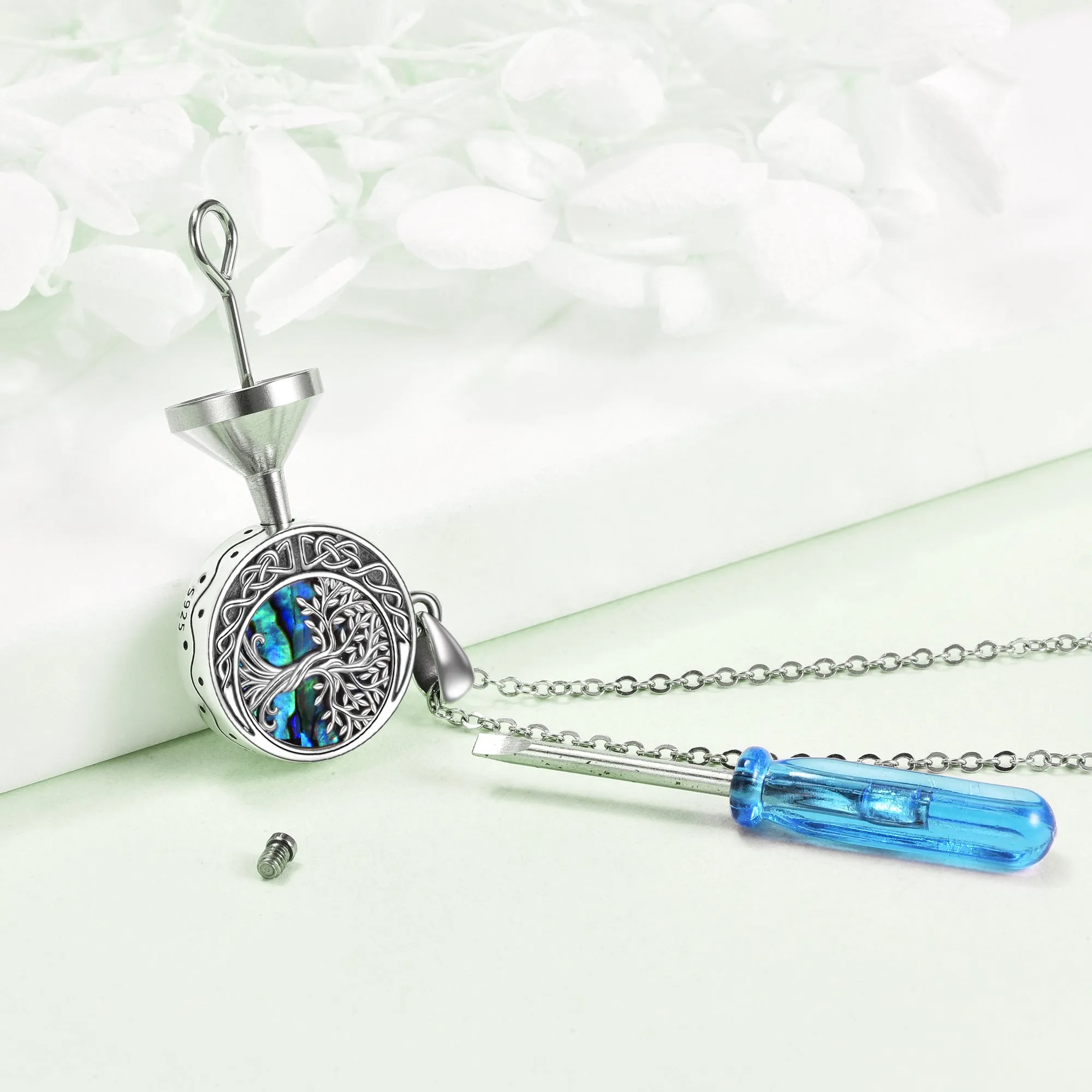 Sterling silver Tree of Life urn necklace with abalone shell stone on 18 inch chain, white gold plated finish