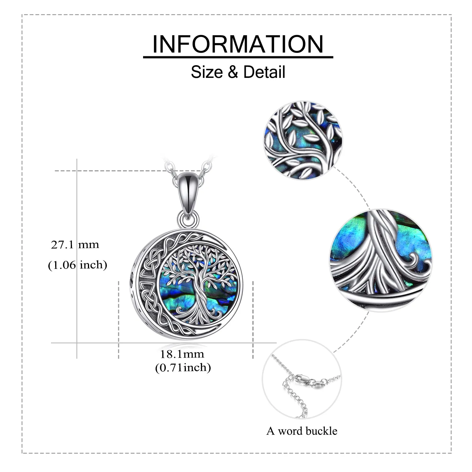 Sterling silver Tree of Life urn necklace with abalone shell stone on 18 inch chain, white gold plated finish