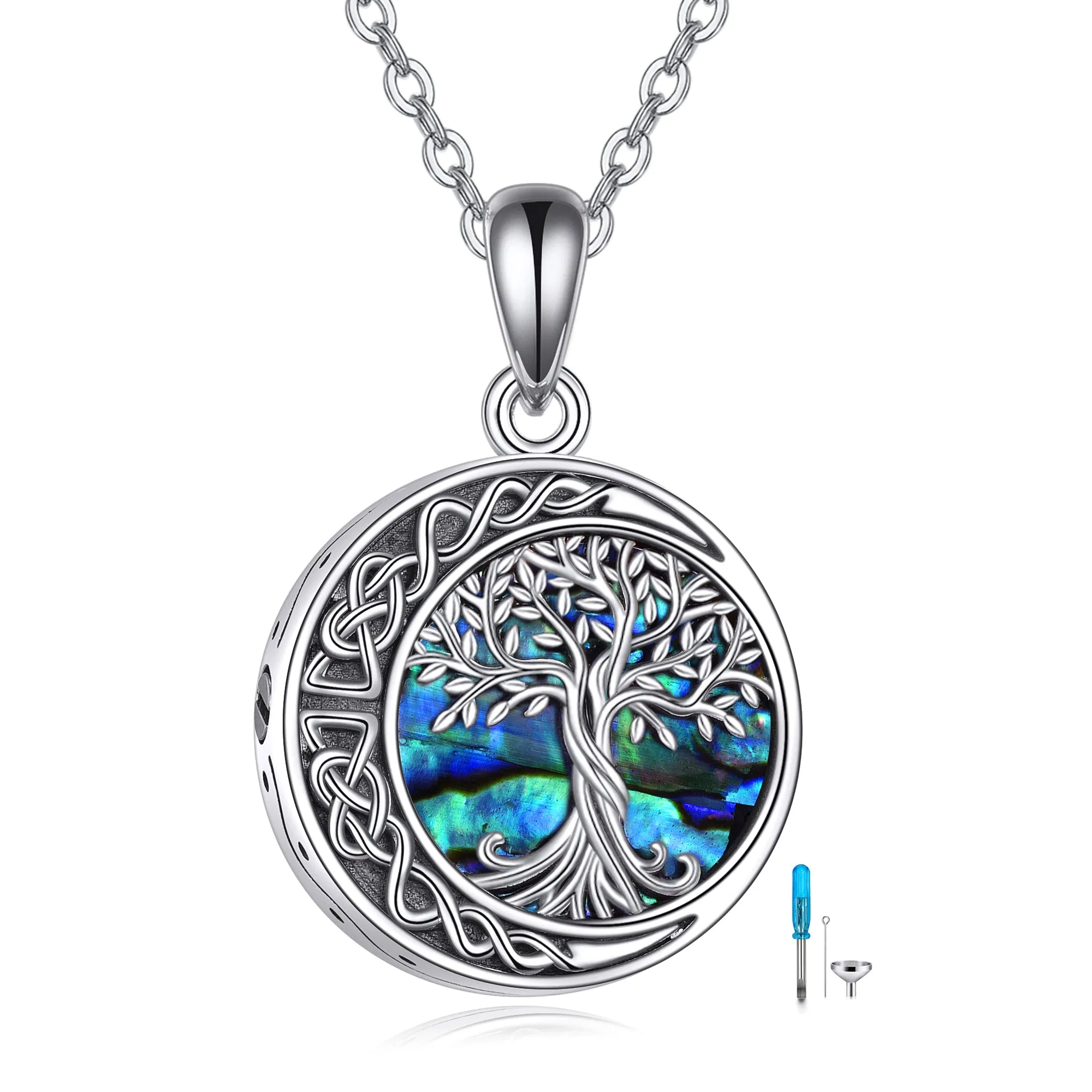 Sterling silver Tree of Life urn necklace with abalone shell stone on 18 inch chain, white gold plated finish