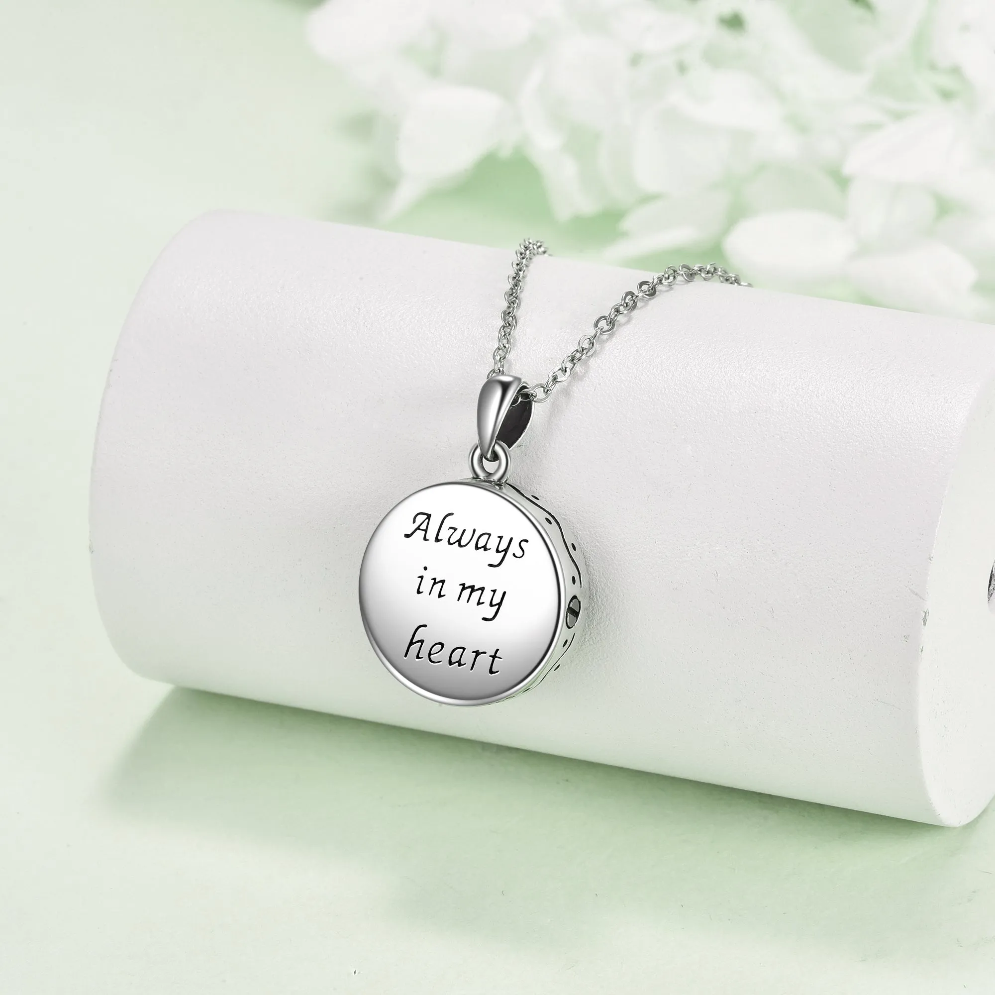 Sterling silver Tree of Life urn necklace with abalone shell stone on 18 inch chain, white gold plated finish