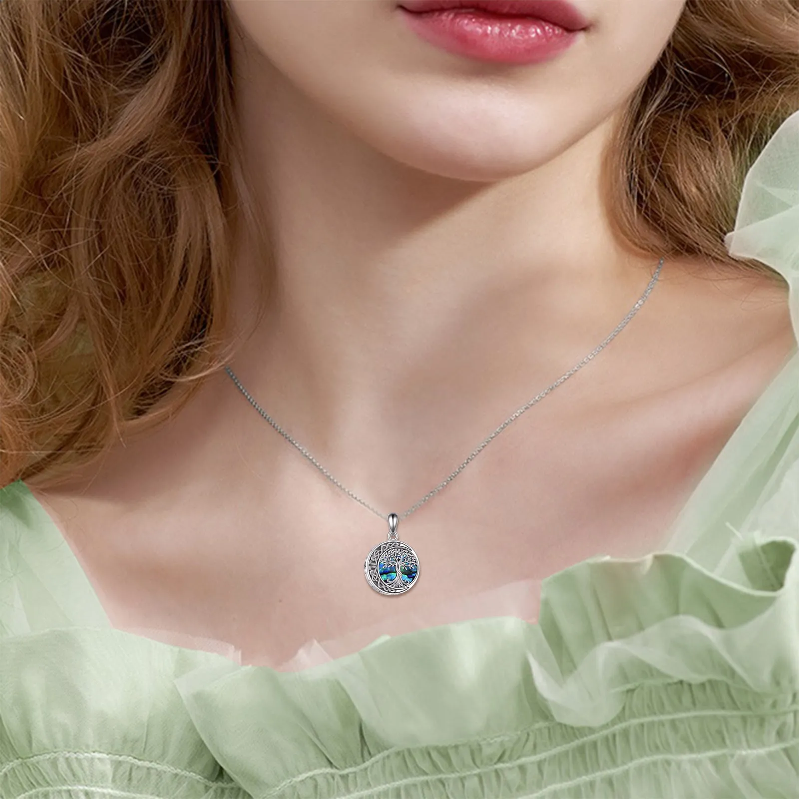 Sterling silver Tree of Life urn necklace with abalone shell stone on 18 inch chain, white gold plated finish