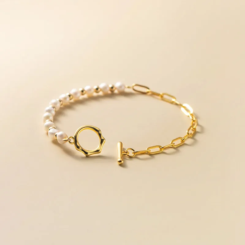 Women's Korean-style geometric pearl stitching bracelet with electroplated S925 silver finish on alloy