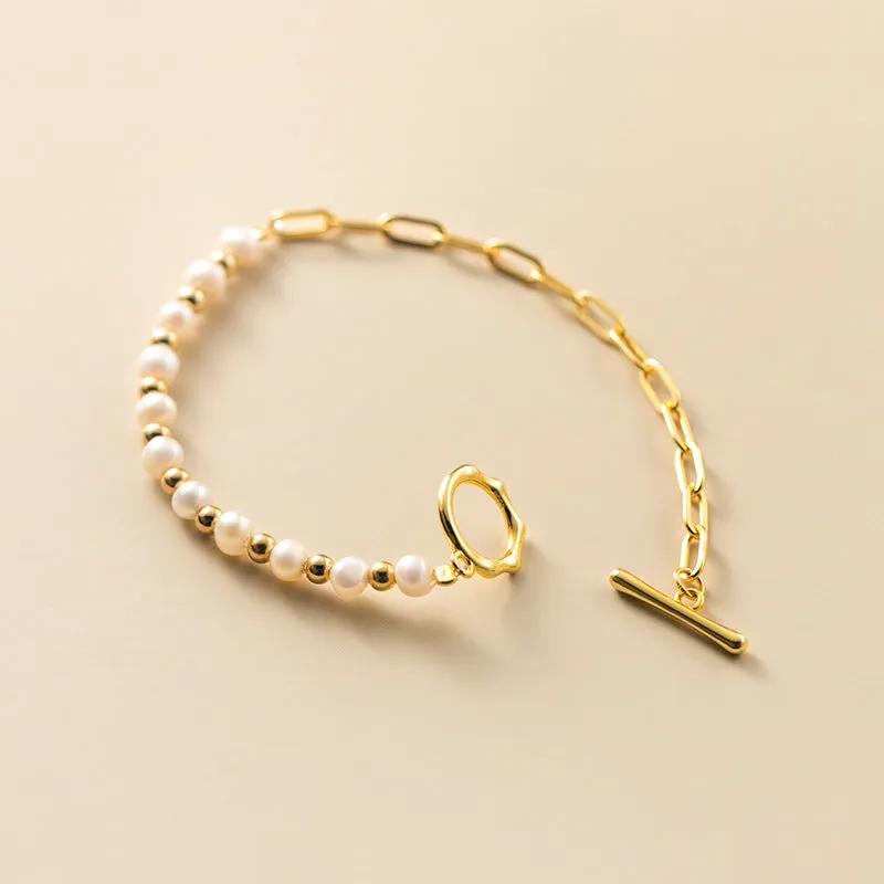 Women's Korean-style geometric pearl stitching bracelet with electroplated S925 silver finish on alloy