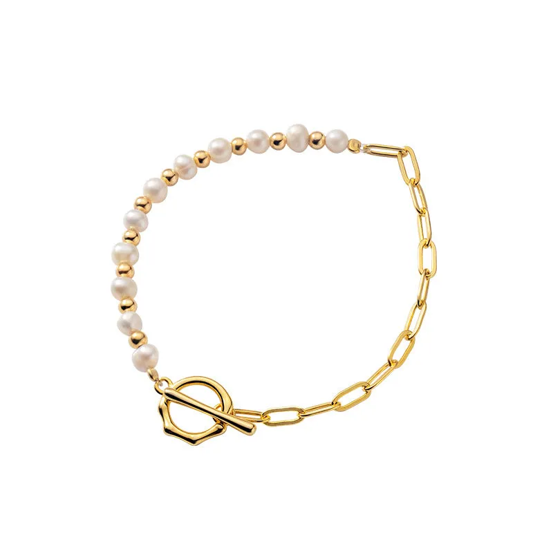 Women's Korean-style geometric pearl stitching bracelet with electroplated S925 silver finish on alloy