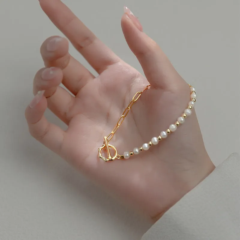 Women's Korean-style geometric pearl stitching bracelet with electroplated S925 silver finish on alloy