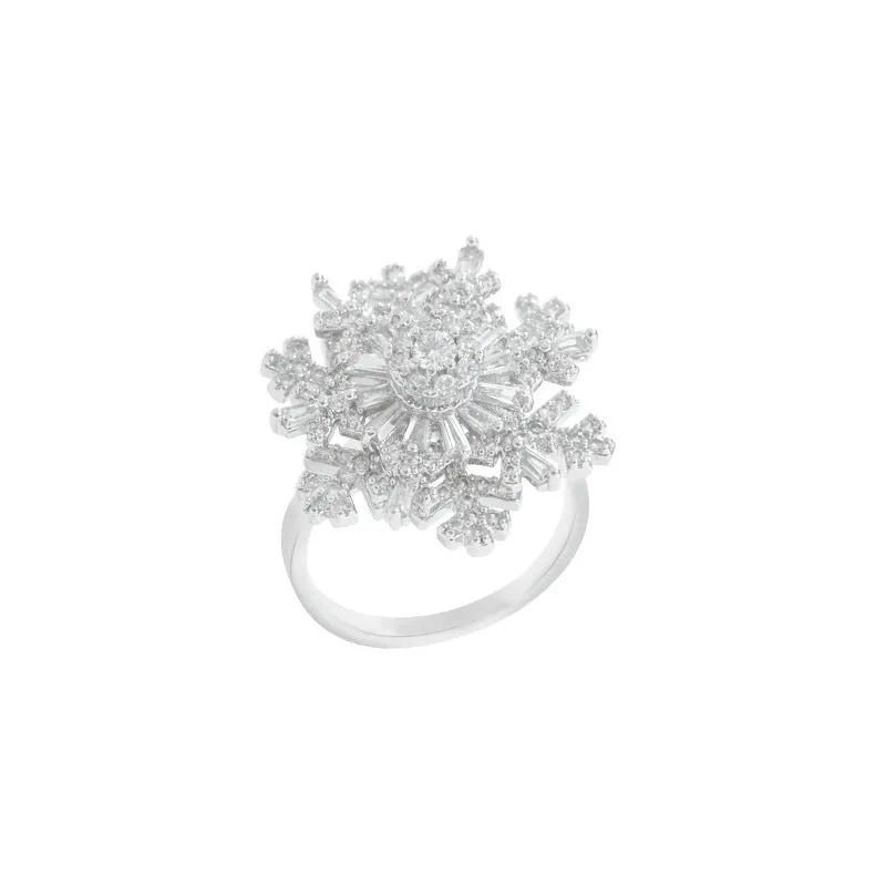 Rotating snowflake ring for women, copper with electroplated finish, adjustable opening, silver colour