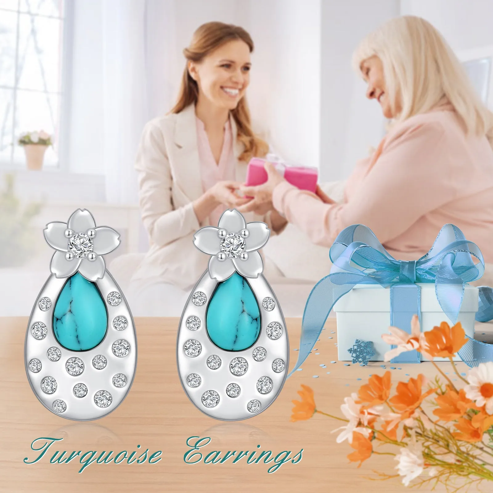 Pair of turquoise cherry blossom 925 sterling silver stud earrings with cubic zirconia, 15.8x8.5mm, white gold plated