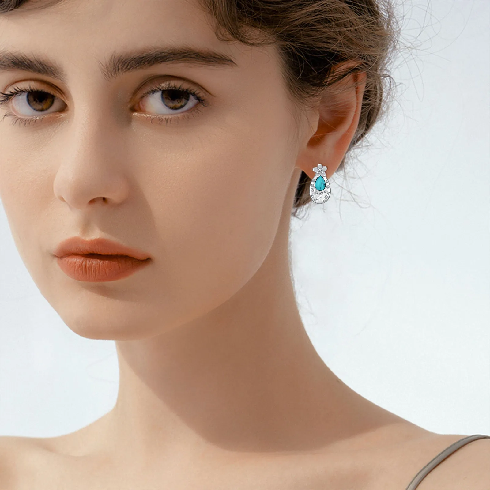 Pair of turquoise cherry blossom 925 sterling silver stud earrings with cubic zirconia, 15.8x8.5mm, white gold plated