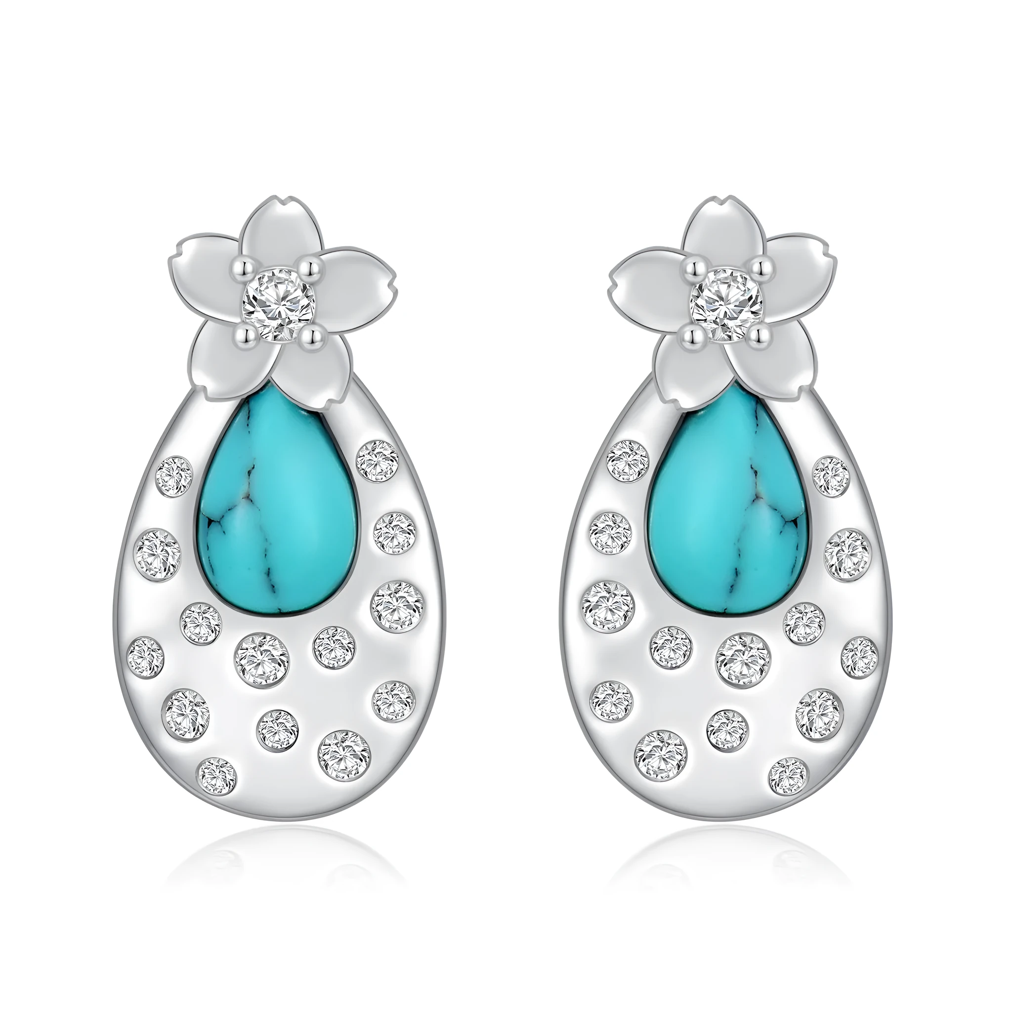 Pair of turquoise cherry blossom 925 sterling silver stud earrings with cubic zirconia, 15.8x8.5mm, white gold plated
