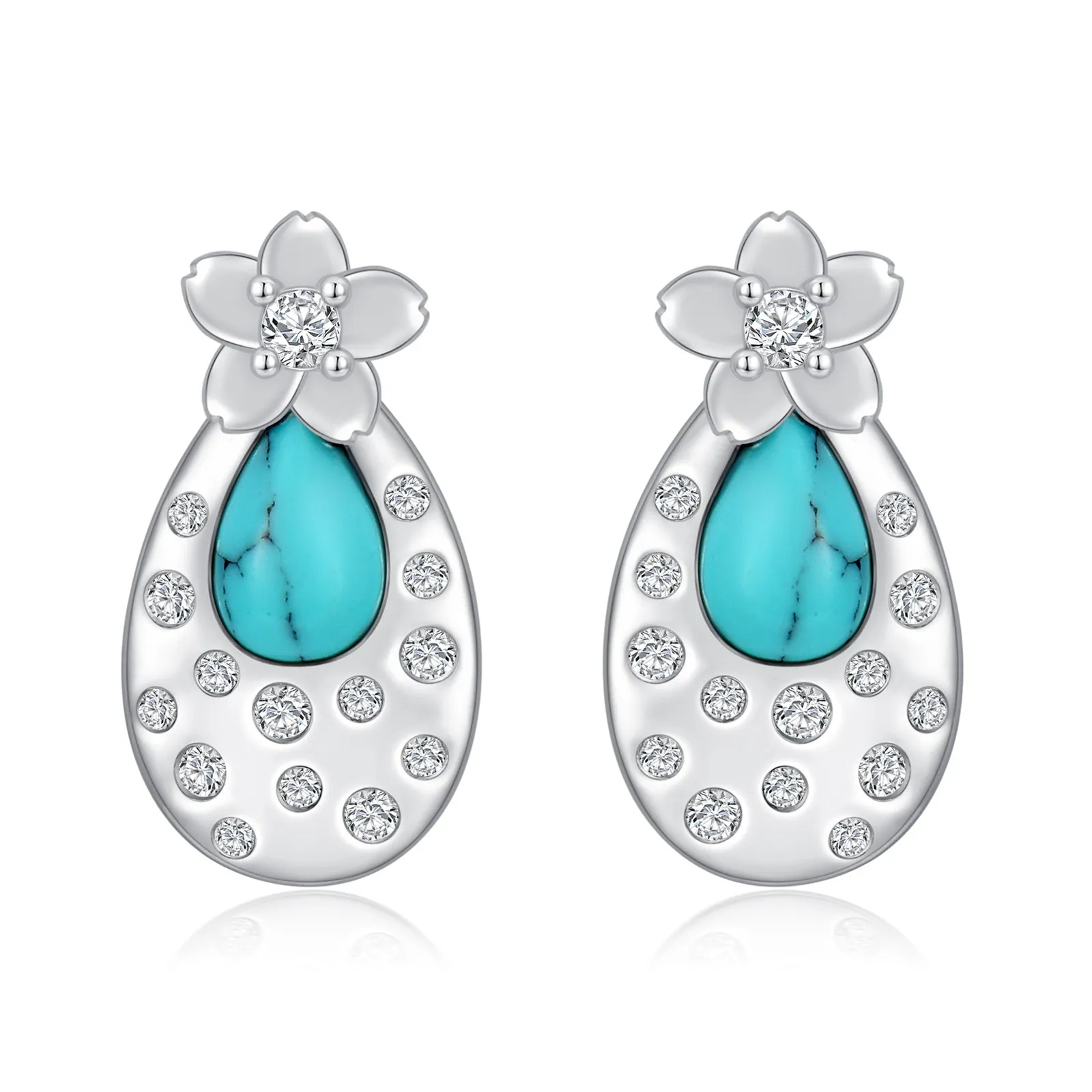 Pair of turquoise cherry blossom 925 sterling silver stud earrings with cubic zirconia, 15.8x8.5mm, white gold plated