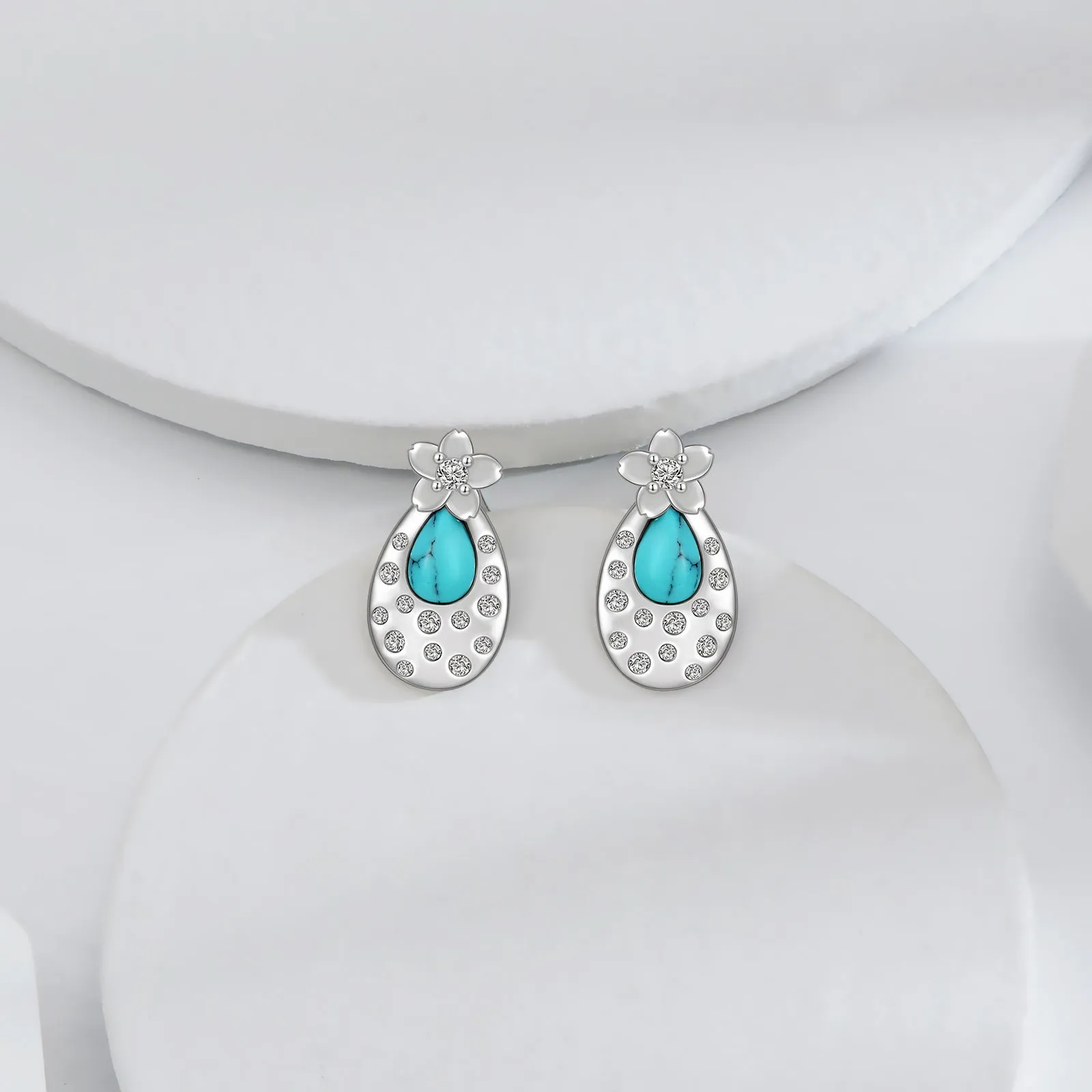 Pair of turquoise cherry blossom 925 sterling silver stud earrings with cubic zirconia, 15.8x8.5mm, white gold plated